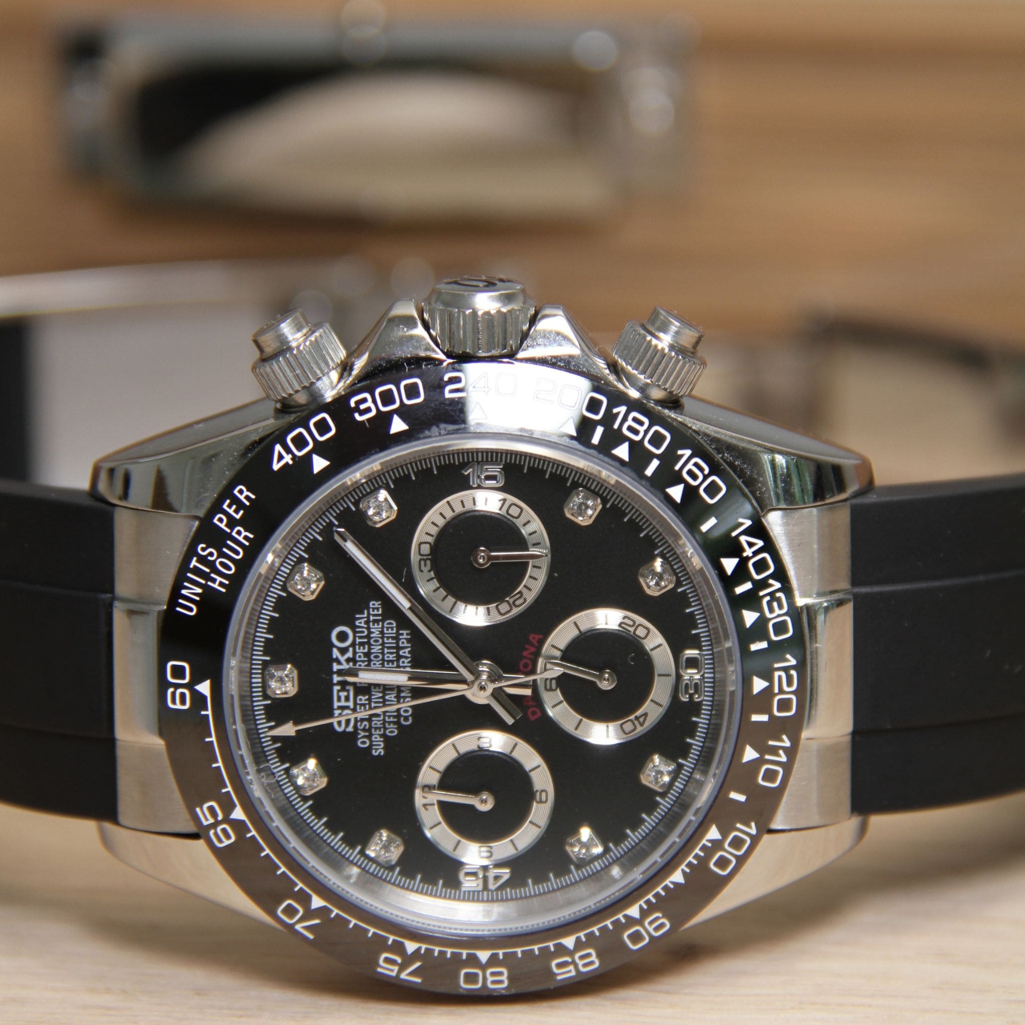 Montre Seiko Mod Daytona VK63 noir argent diamant avec bracelet – mouvement chronographe hybride VK63