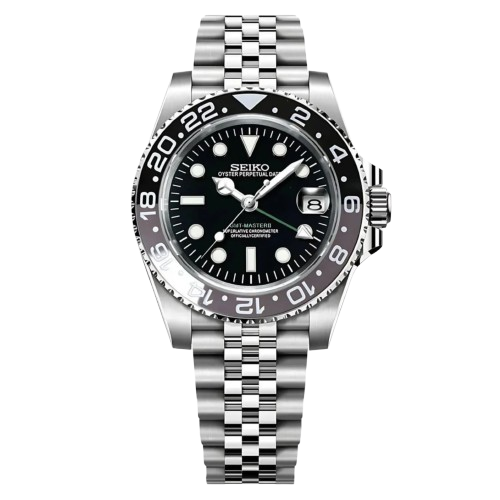 Montre Seiko Mod GMT Bruce Wayne cadran noir avec lunette céramique grise – mouvement automatique NH34