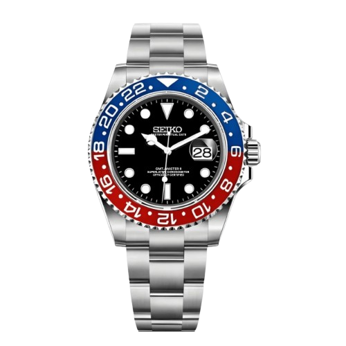 Montre Seiko Mod GMT Pepsi – Cadran noir avec lunette céramique bleue et rouge – Mouvement automatique NH34