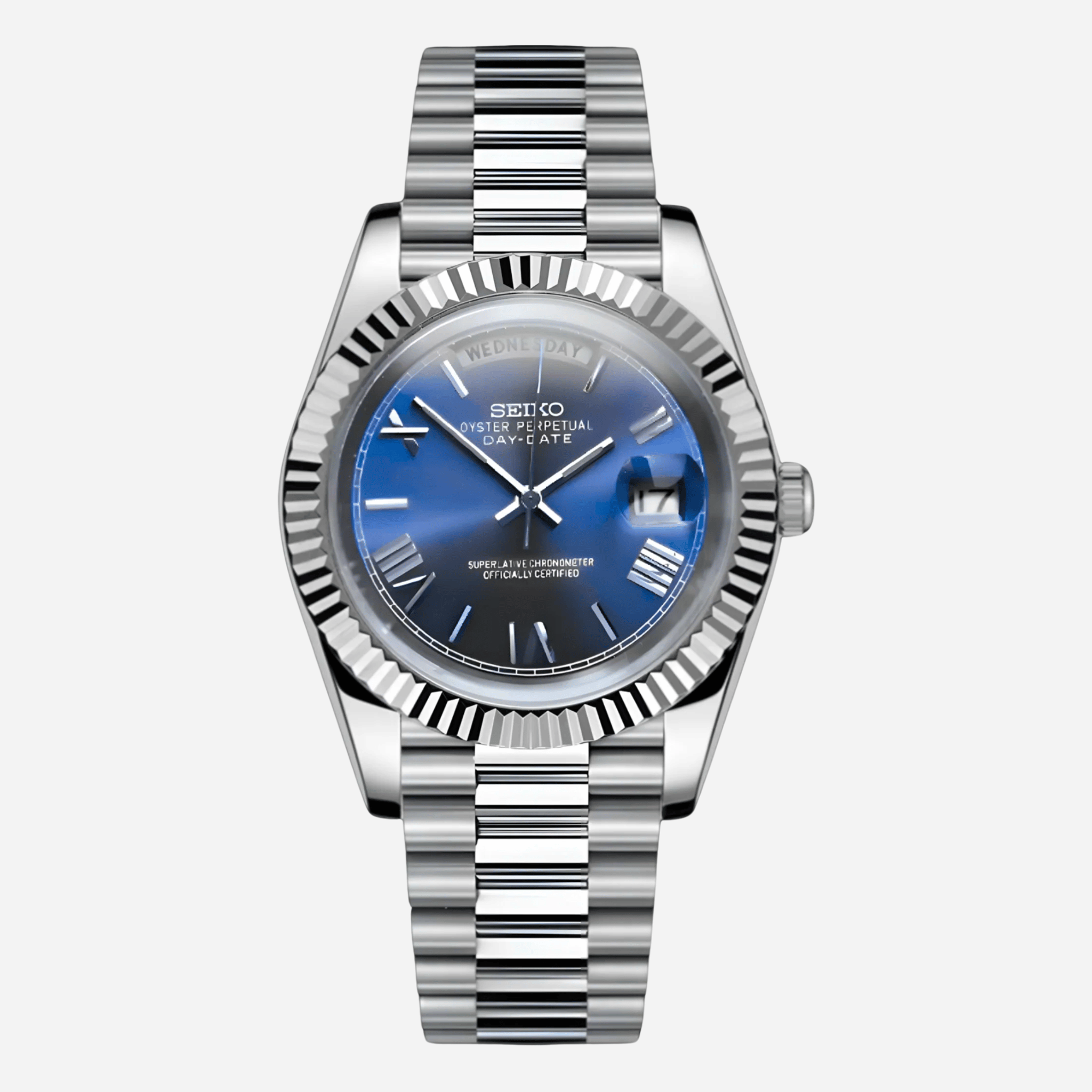 Seiko Mod Day Date Bleu 36/40mm avec mouvement automatique Miyota 8285, boîtier en acier inoxydable et verre saphir.