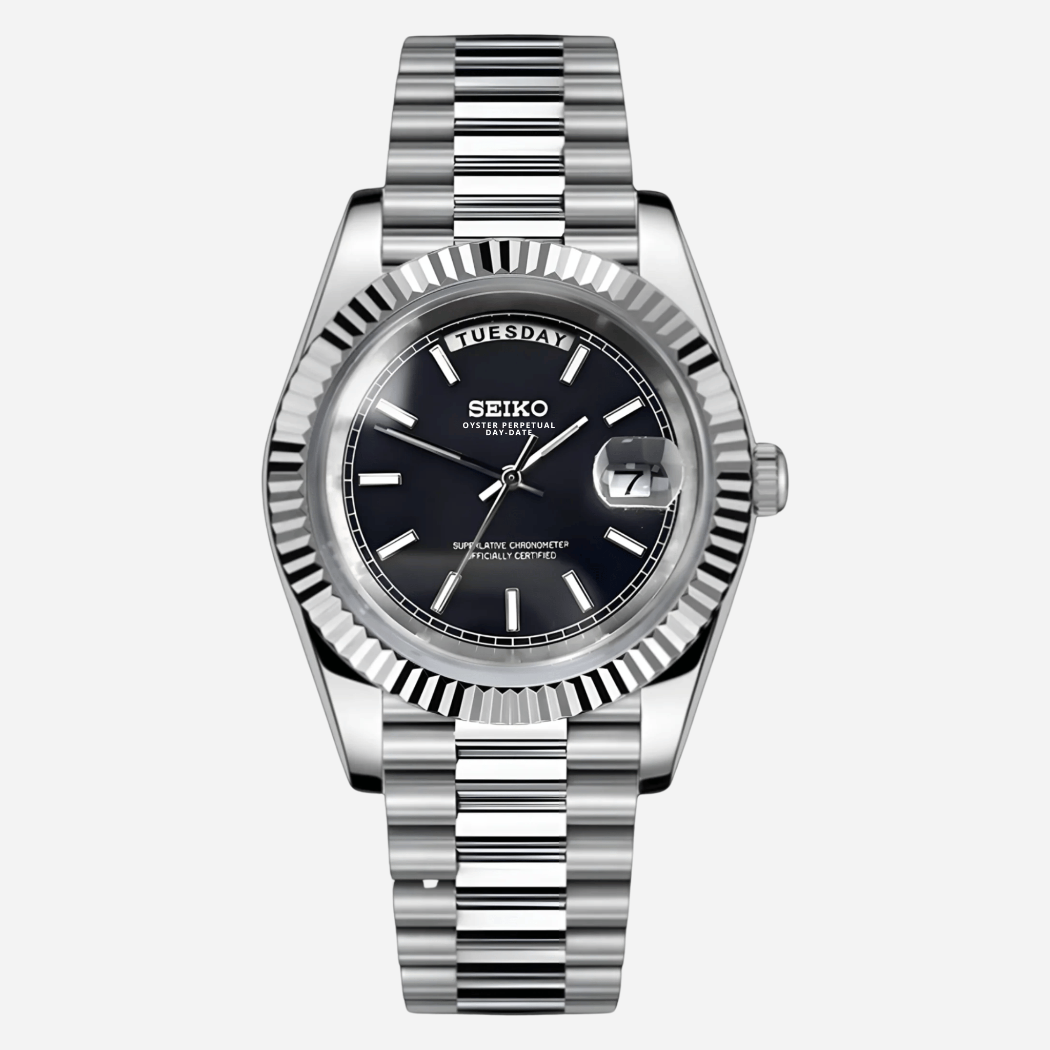 Seiko Mod Day Date Noir & Argent 36/40mm avec mouvement automatique Miyota 8285, boîtier en acier inoxydable et verre saphir.