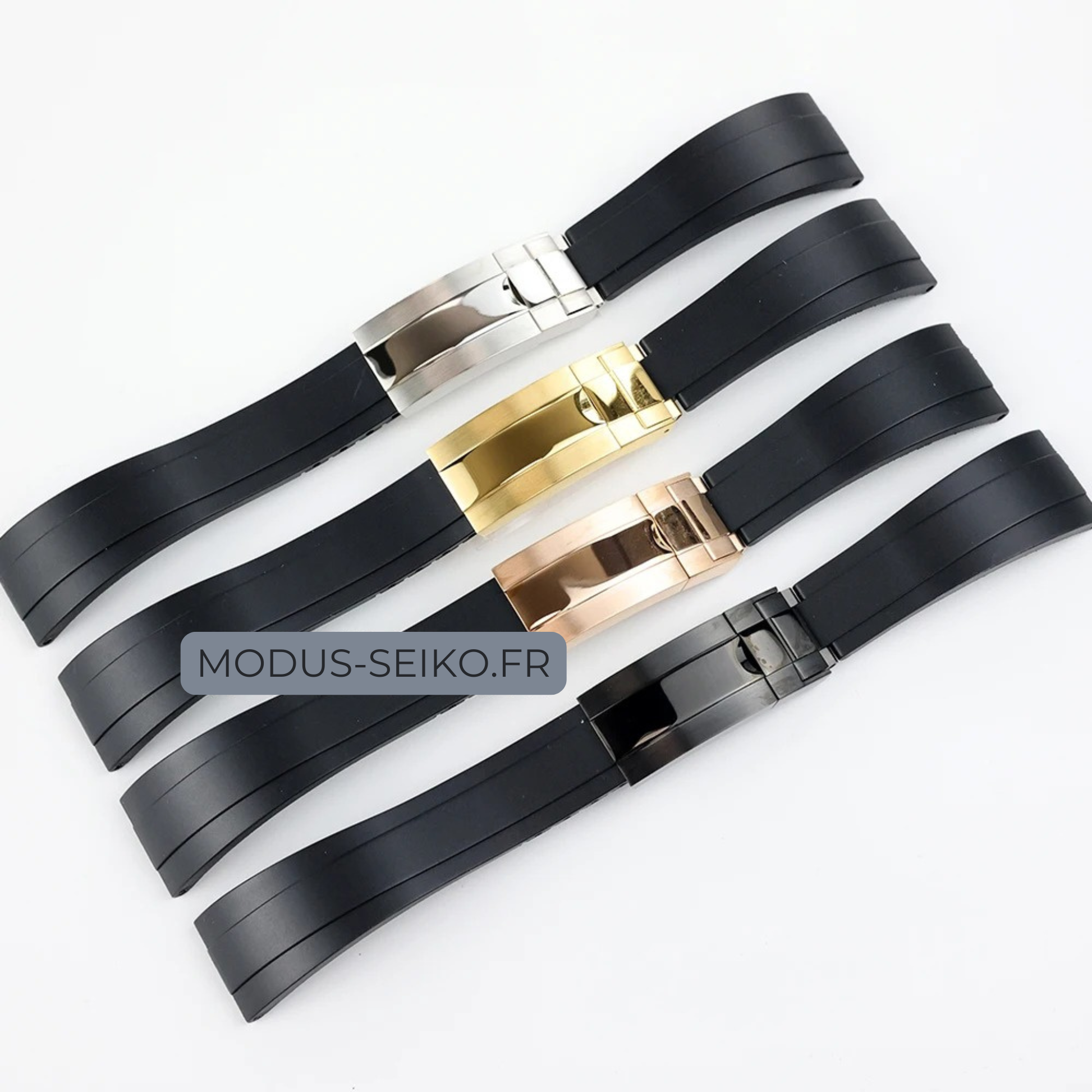 Bracelet Oysterflex 20mm en caoutchouc compatible Seiko Mod Daytona, avec boucle déployante sécurisée, disponible en noir, or rose, argent et or.