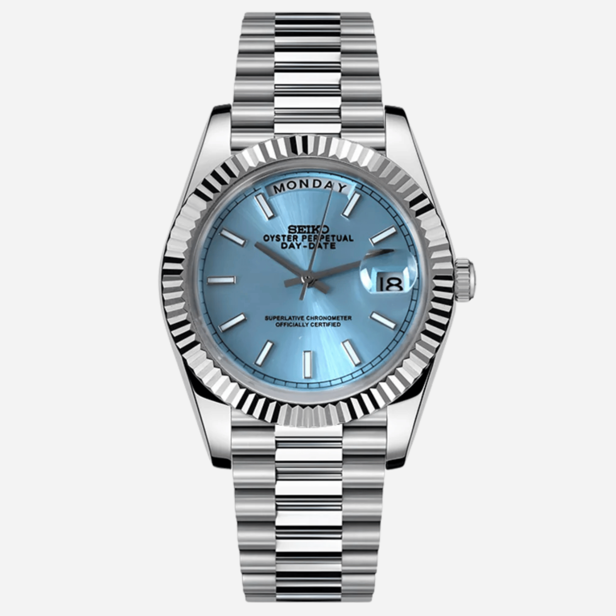 Seiko Mod Day Date Bleu Ciel 36/40mm avec mouvement automatique Miyota 8285, boîtier en acier inoxydable et verre saphir