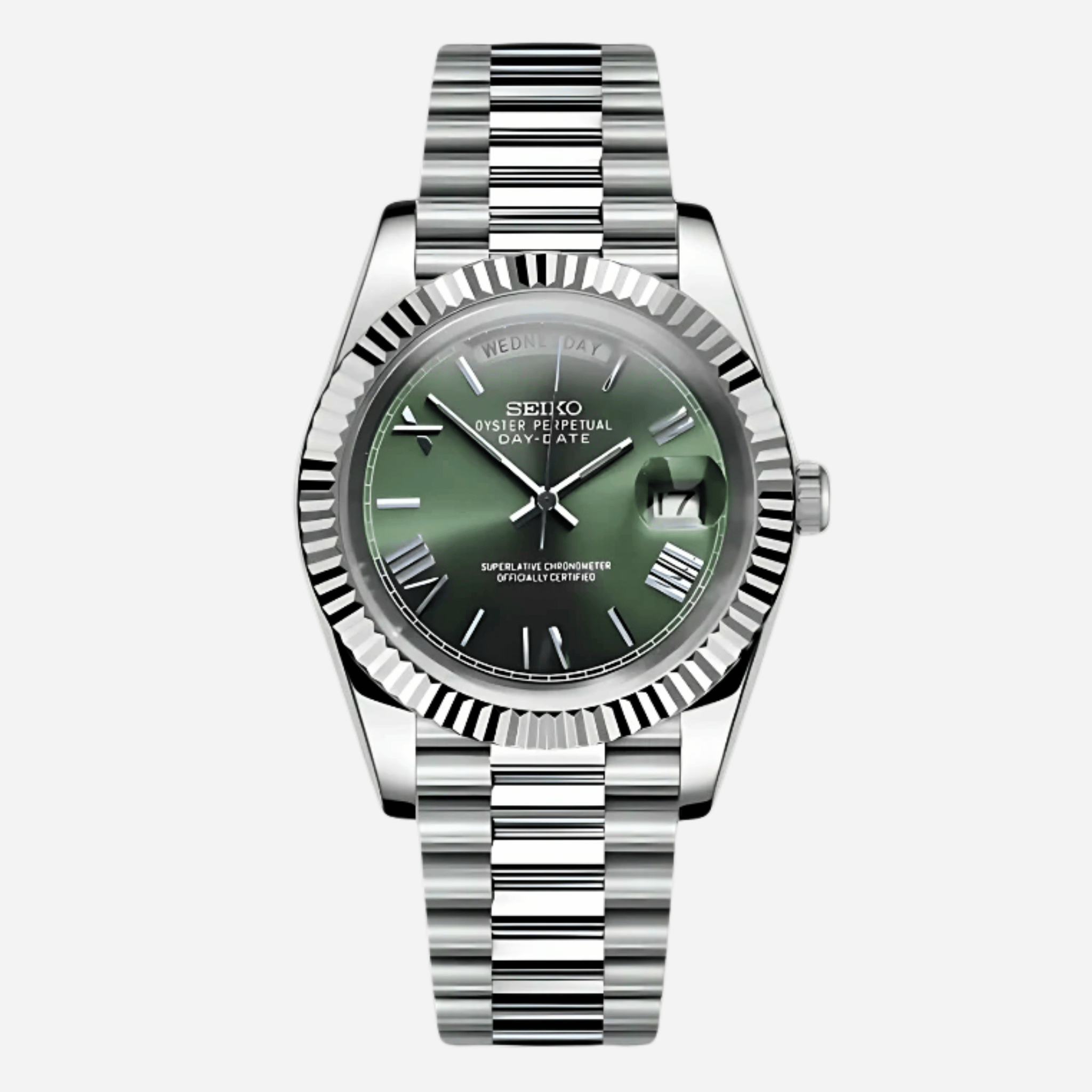 Seiko Mod Day Date Vert Olive 36/40mm avec mouvement automatique Miyota 8285, boîtier en acier inoxydable et verre saphir.