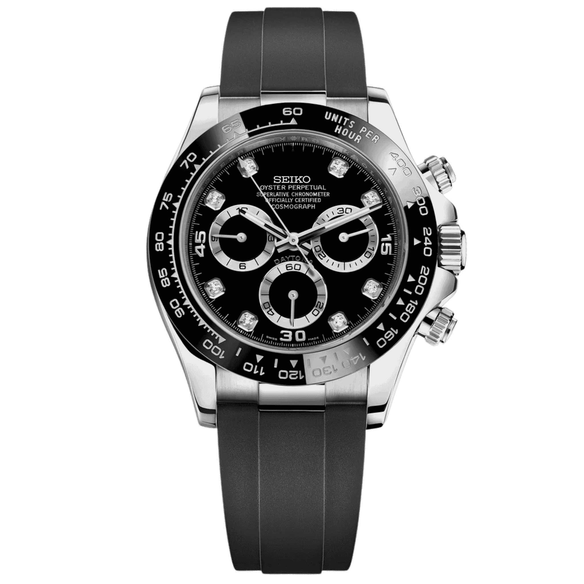 Montre Seiko Mod Daytona VK63 Noir Argent Diamant 40mm avec boîtier acier argenté, cadran noir et index diamantés, bracelet Oysterflex.