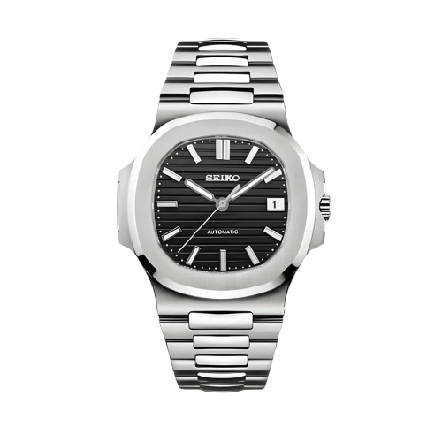 Montre Seiko Mod Nautilus Noir cadran noir avec lunette octogonale en acier brossé – mouvement automatique NH35 