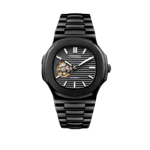 Montre Seiko Mod Nautilus noir squelette avec boîtier acier inoxydable - mouvement automatique NH35