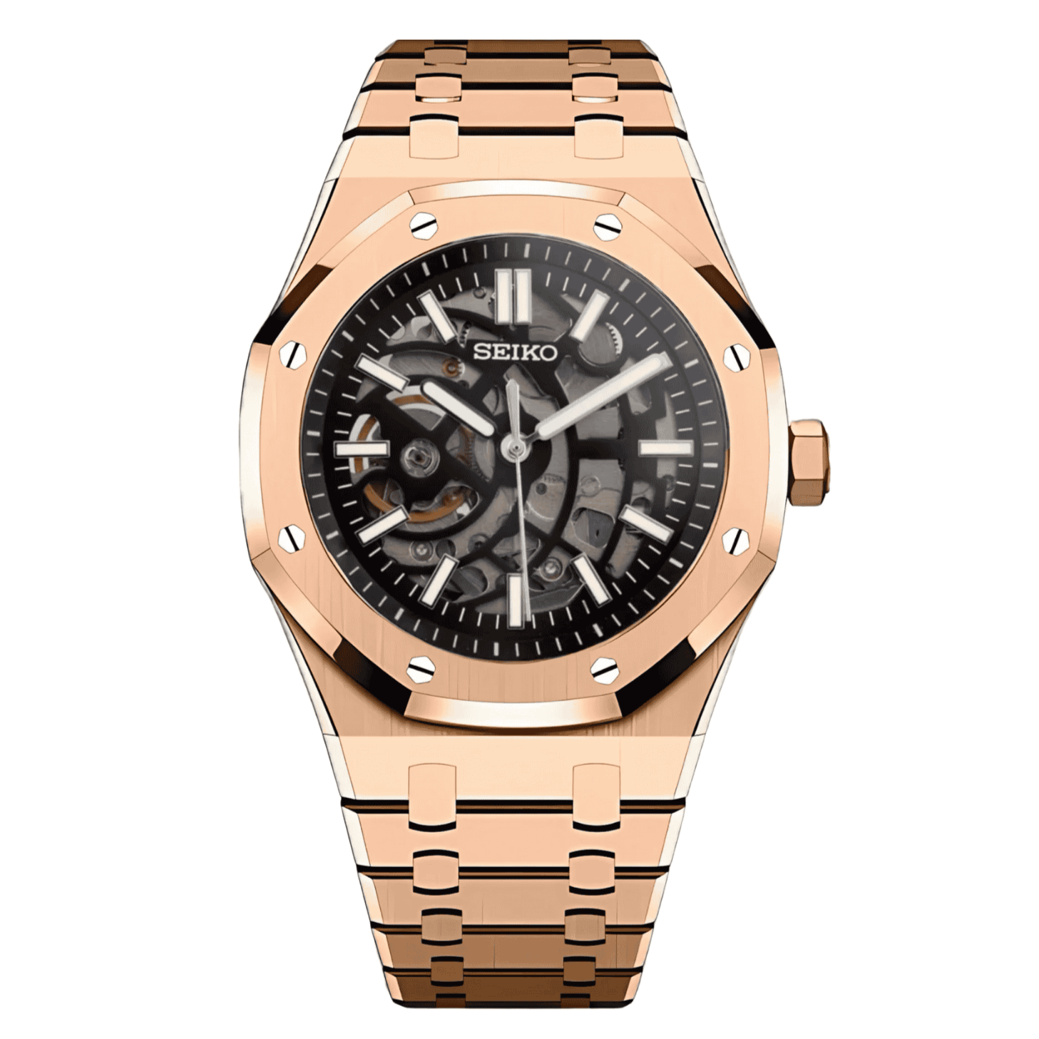 Montre Seiko Mod Royal Oak Squelette Or Rose 41mm avec boîtier octogonal, mouvement automatique NH70A et verre saphir