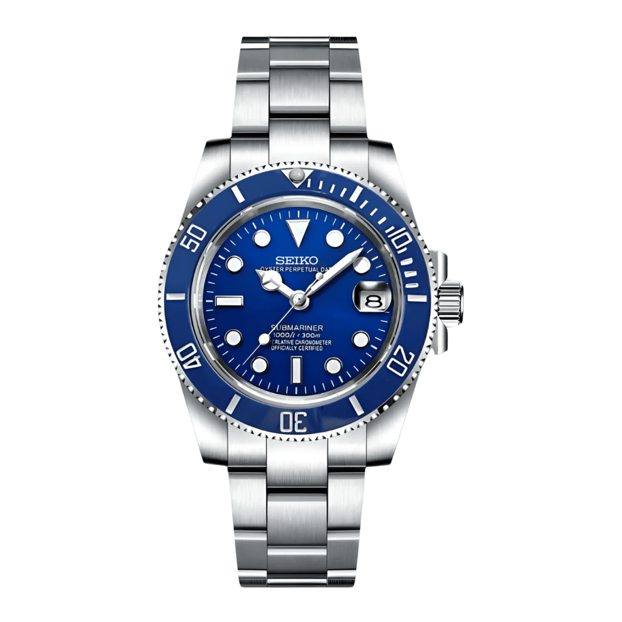Montre Seiko Mod Submariner Bleu 40mm avec boîtier en acier inoxydable 316L, mouvement automatique NH35, verre saphir et lunette en céramique bleue