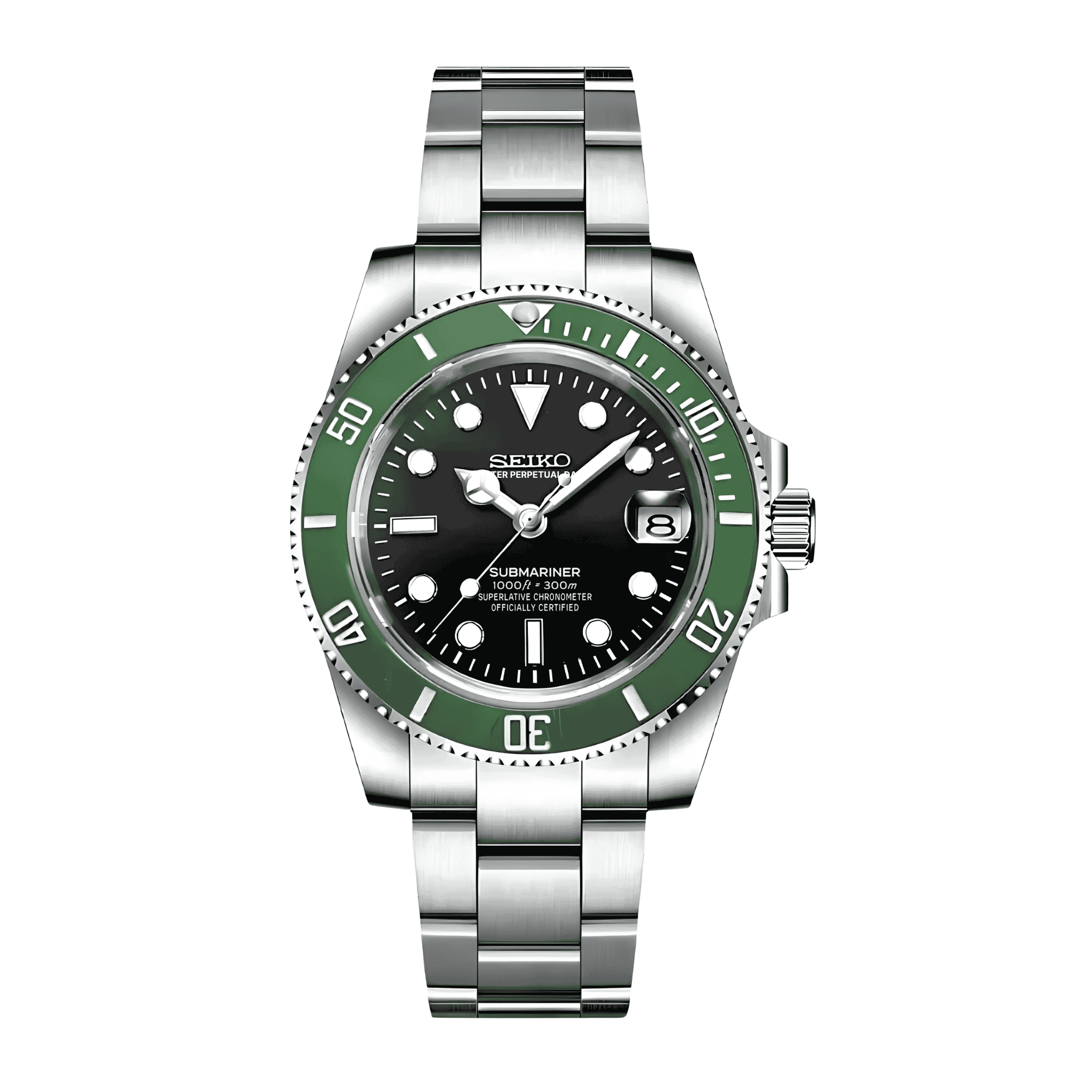 Montre Seiko Mod Submariner Starbucks Noir et Vert 40mm avec boîtier en acier inoxydable 316L, mouvement automatique NH35, verre saphir et lunette en céramique verte
