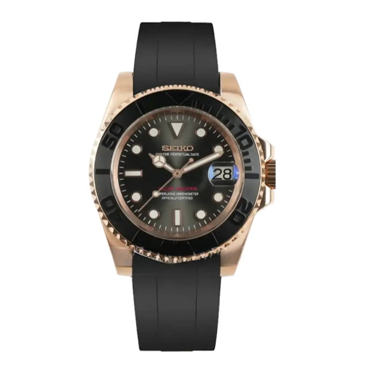 Seiko Mod Yacht Master NH35 Or Rose 40mm - Montre automatique personnalisée en acier inoxydable 316L finition or rose avec lunette céramique noire et verre saphir, fabriquée à la main en France.